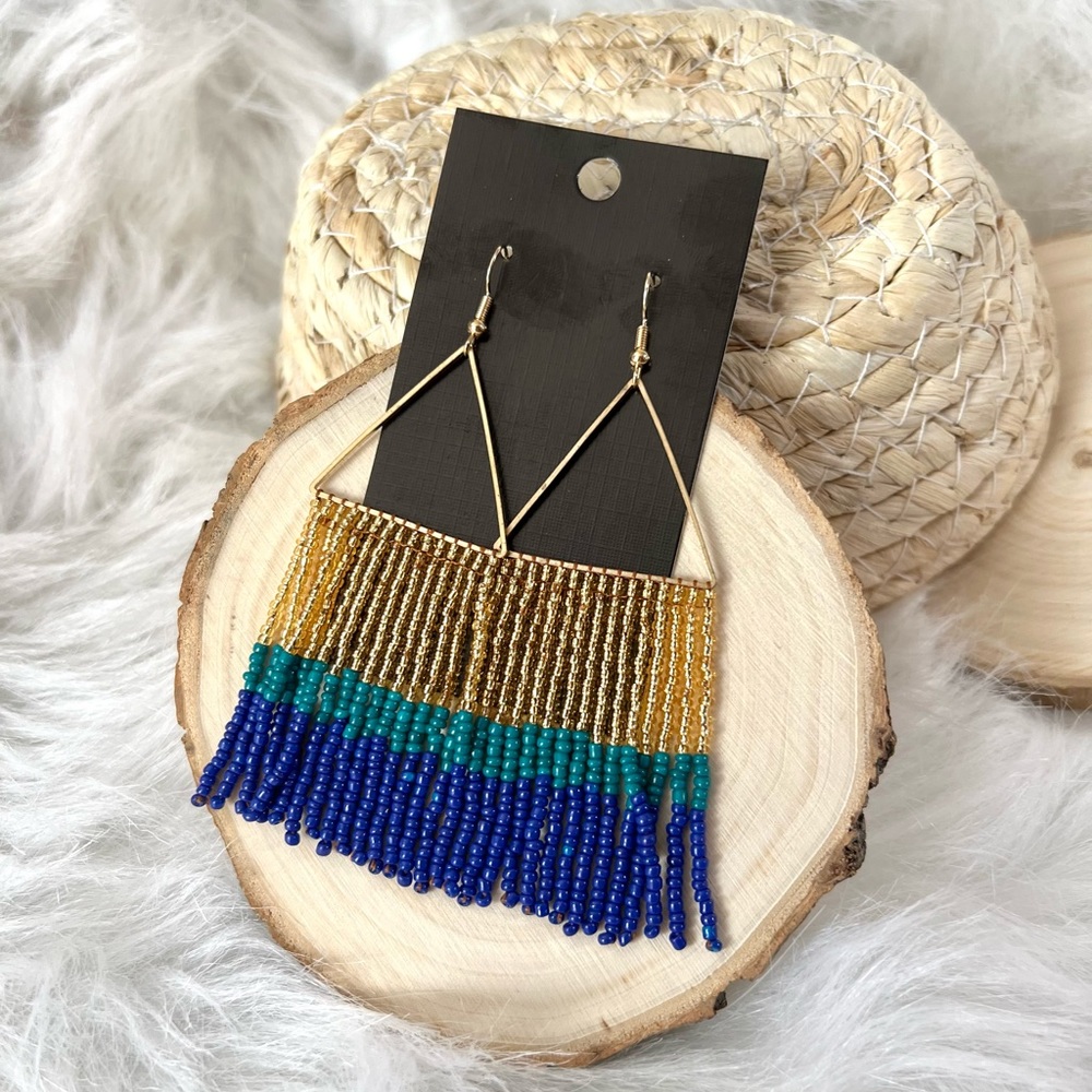 Gold and Blue Triangle Fringe Earrings